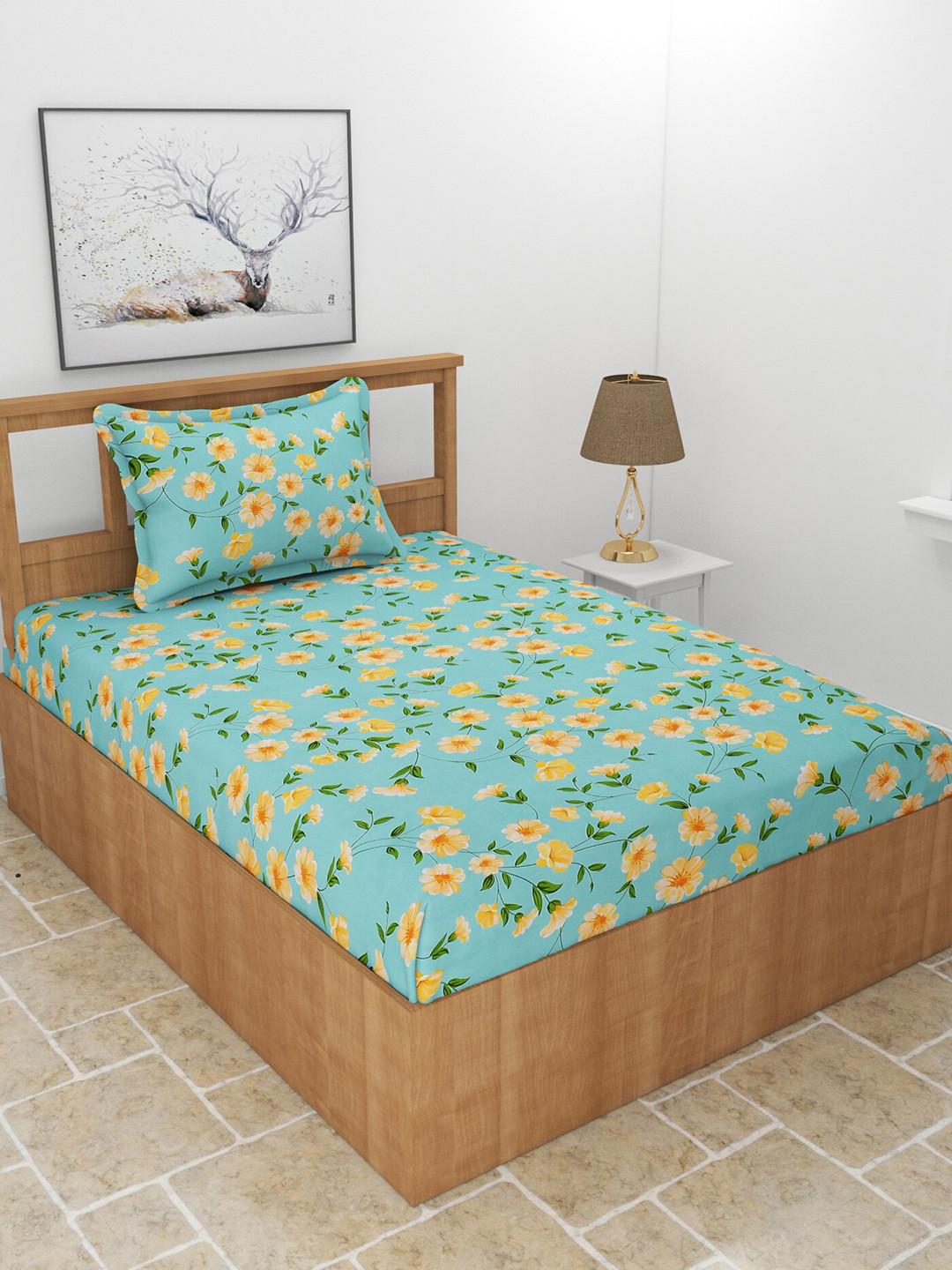 BREVARD Maple Turquoise Blue Floral Polycotton 210 TC Single Fine Bedsheet with a Pillow Cover-90 x 60 inches