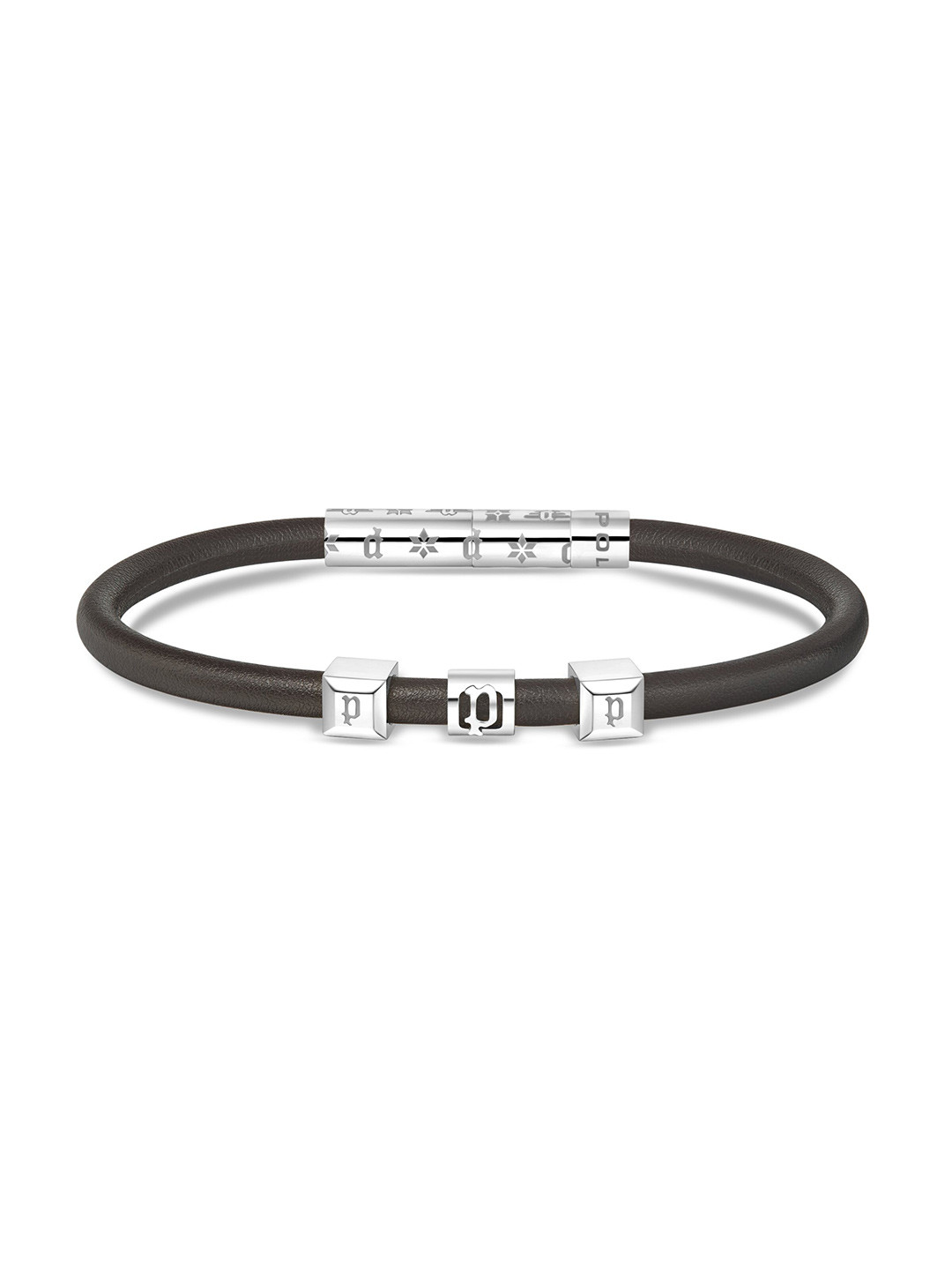 Police Men Stainless Steel Motifs Leather Cuff Bracelet