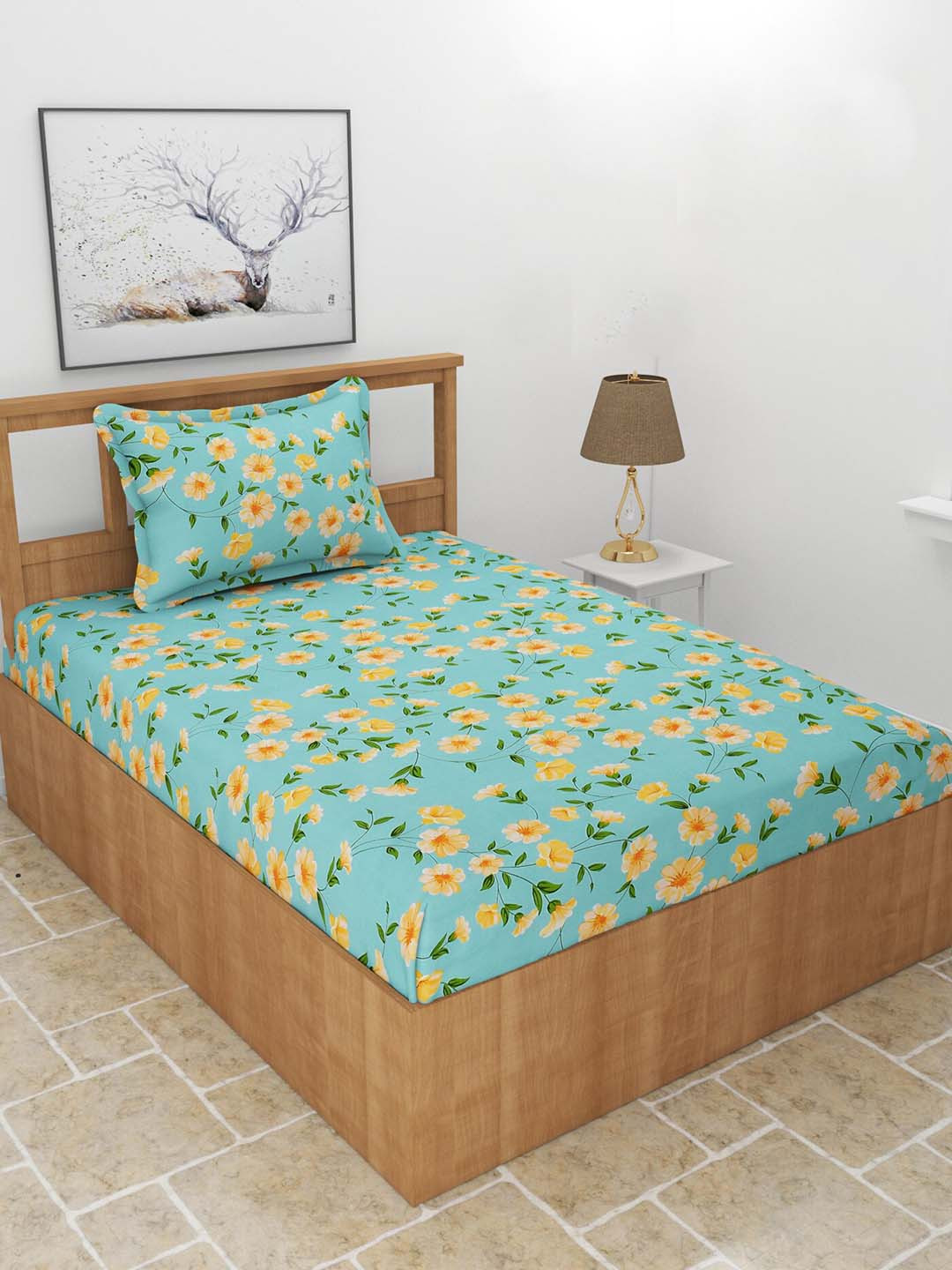 BREVARD Fitted_Maple Turquoise Blue Floral Polycotton 210 TC Fitted Single Fine Bedsheet with a Pillow Cover-182 x 91 x 20 cm
