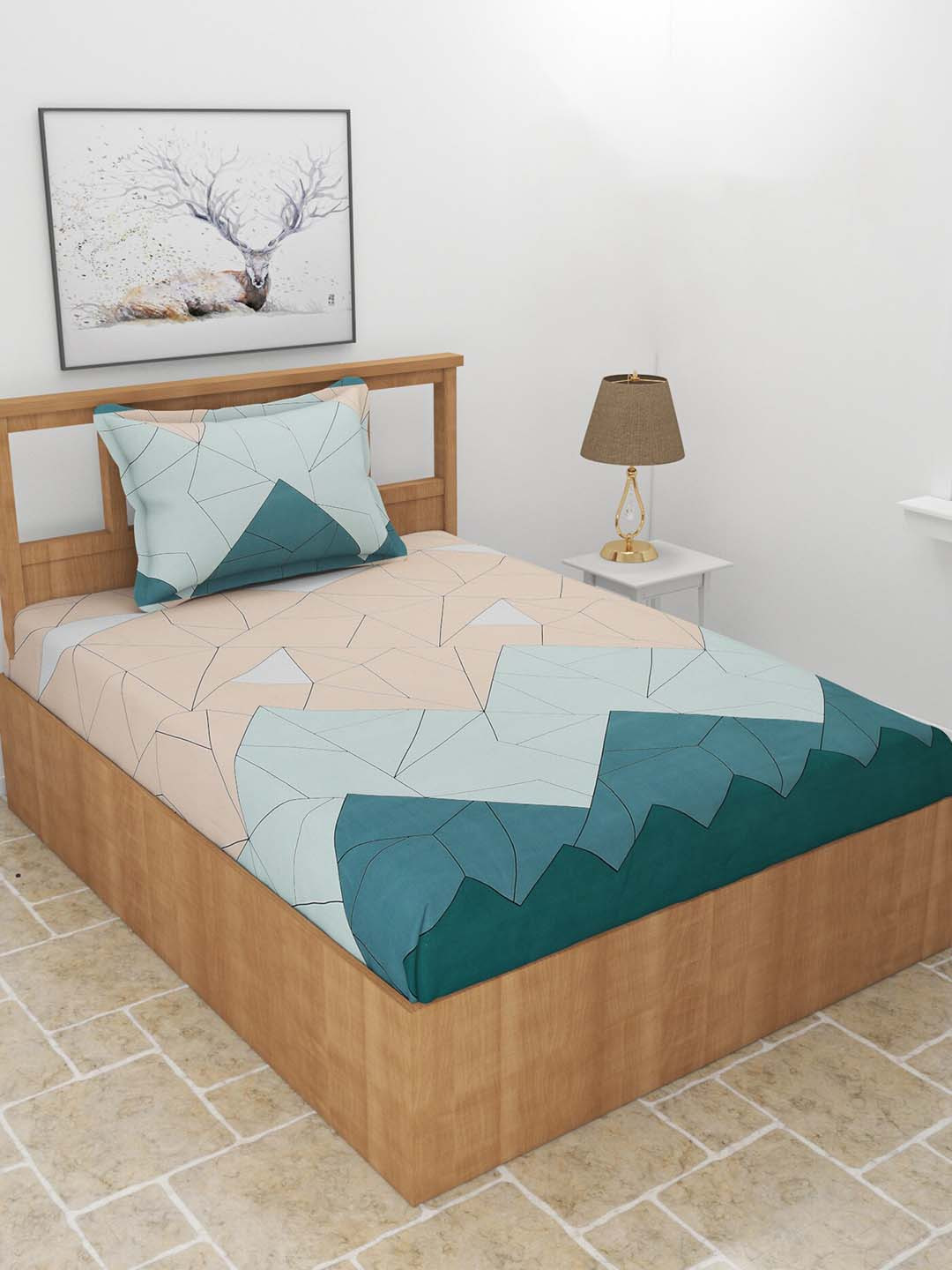 BREVARD Avens Peach Geometric Polycotton 210 TC Fitted Single Fine Bedsheet with a Pillow Cover-72 x 36 inches