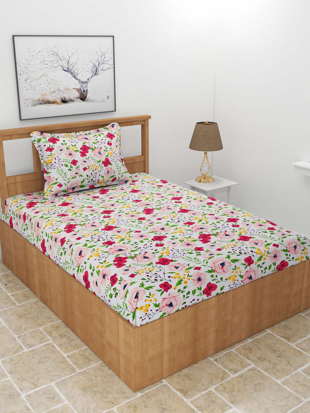 BREVARD Fitted_Snowd_Sbs White Floral Polycotton 210 TC Fitted Single Fine Bedsheet with a Pillow Cover-60 x 90 inches