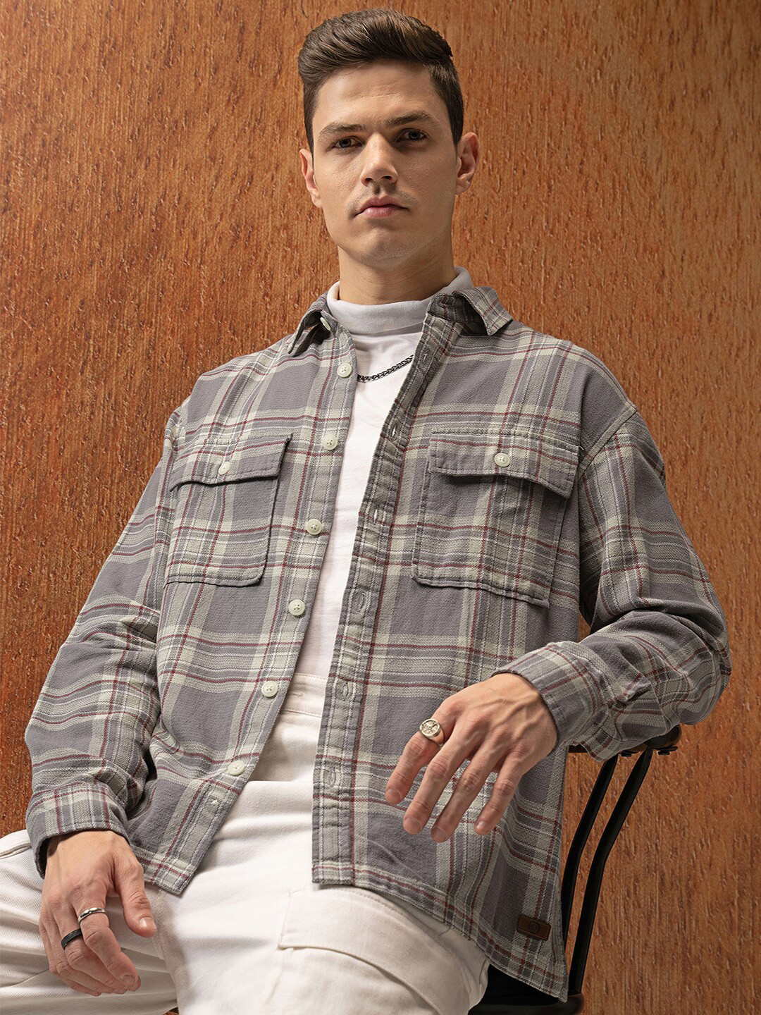 Locomotive Dobby Textured Checked Utility Pocket Oversized Overshirt