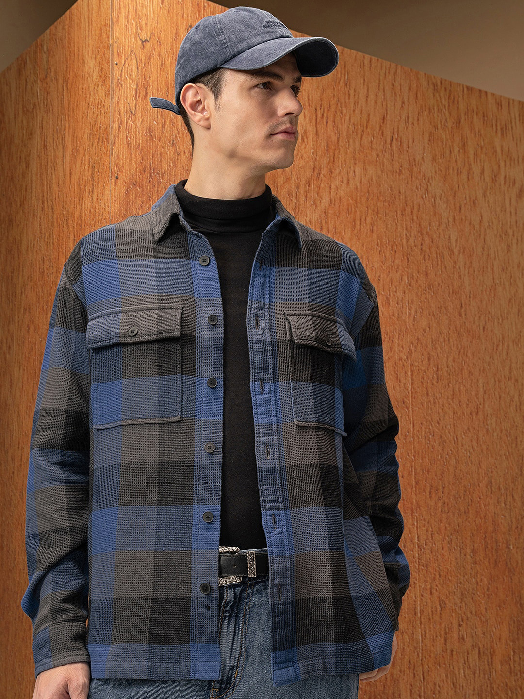 Locomotive Premium Men Blue Waffle Dobby Textured Checked Utility Pocket Overshirt