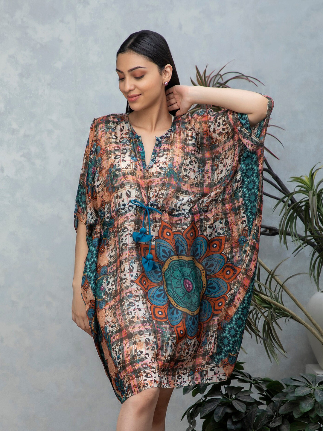 Rhe-Ana Floral Printed Silk Kaftan Dress