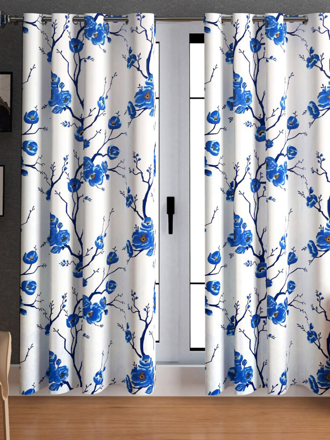 Urban Magic White & Blue Floral Long Door Curtain