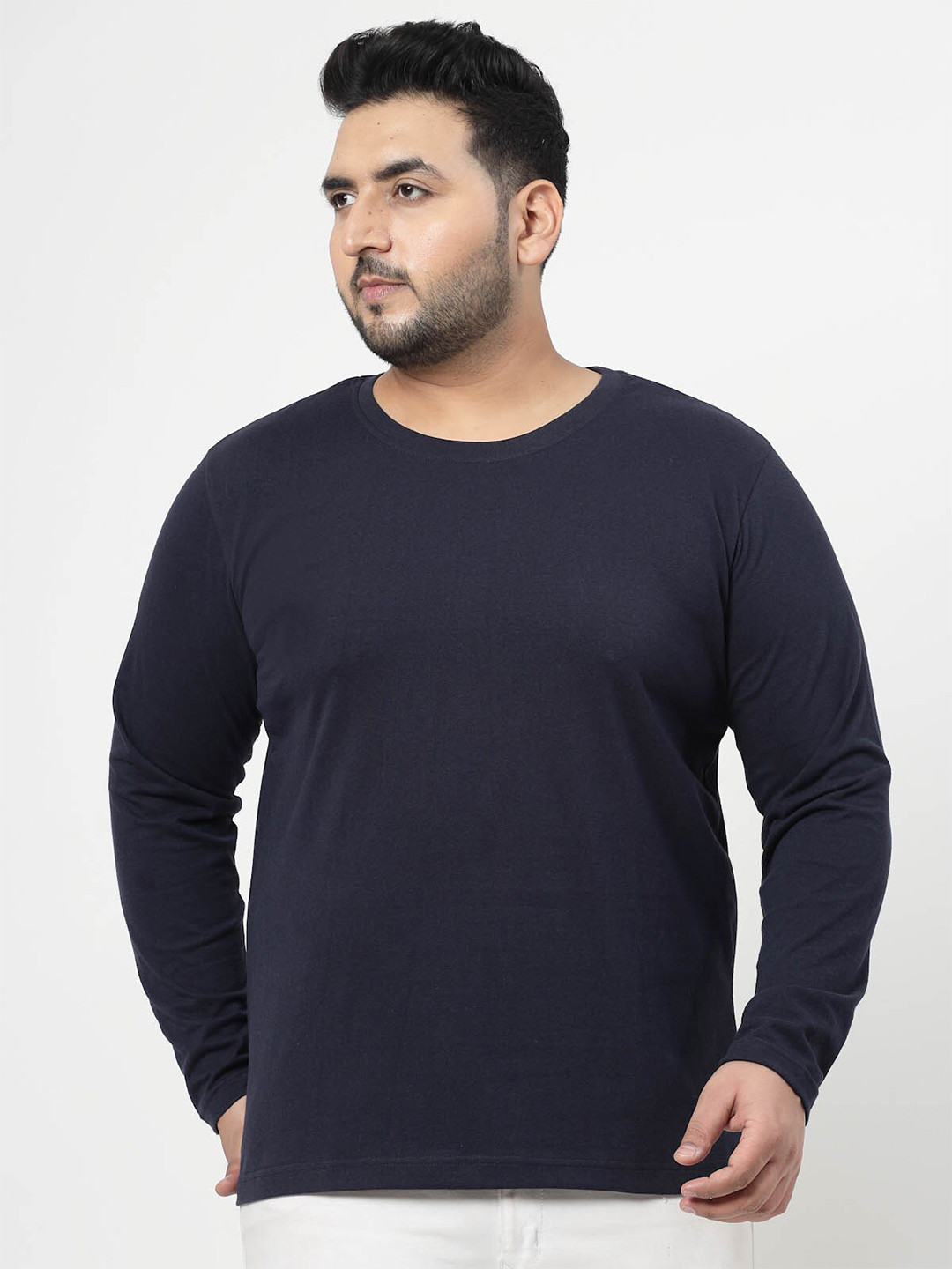 plusS Navy Blue Plus Size Round Neck Long Sleeves Pure Cotton T-shirt