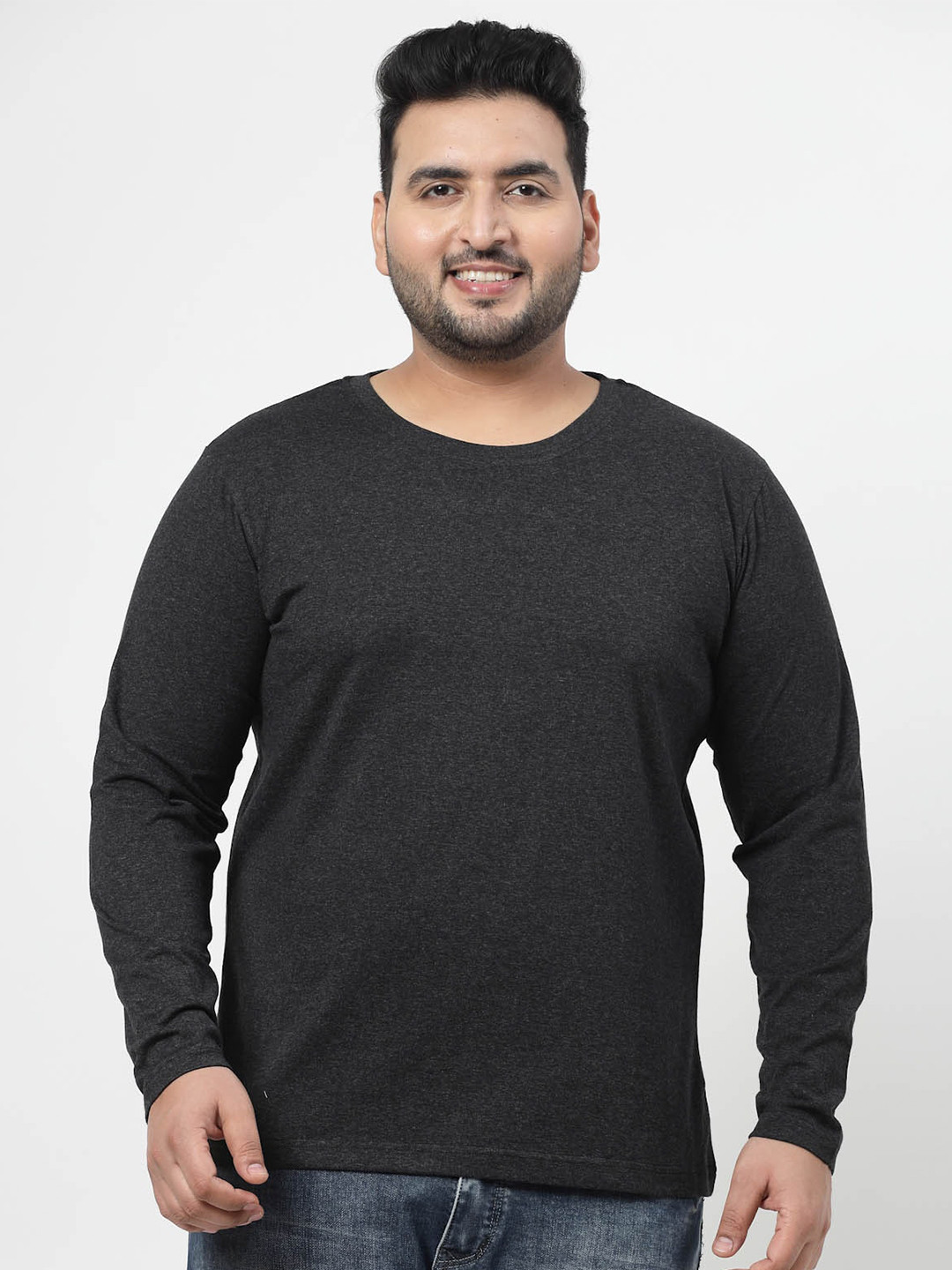plusS Charcoal Coloured Plus Size Round Neck Long Sleeves Pure Cotton T-shirt