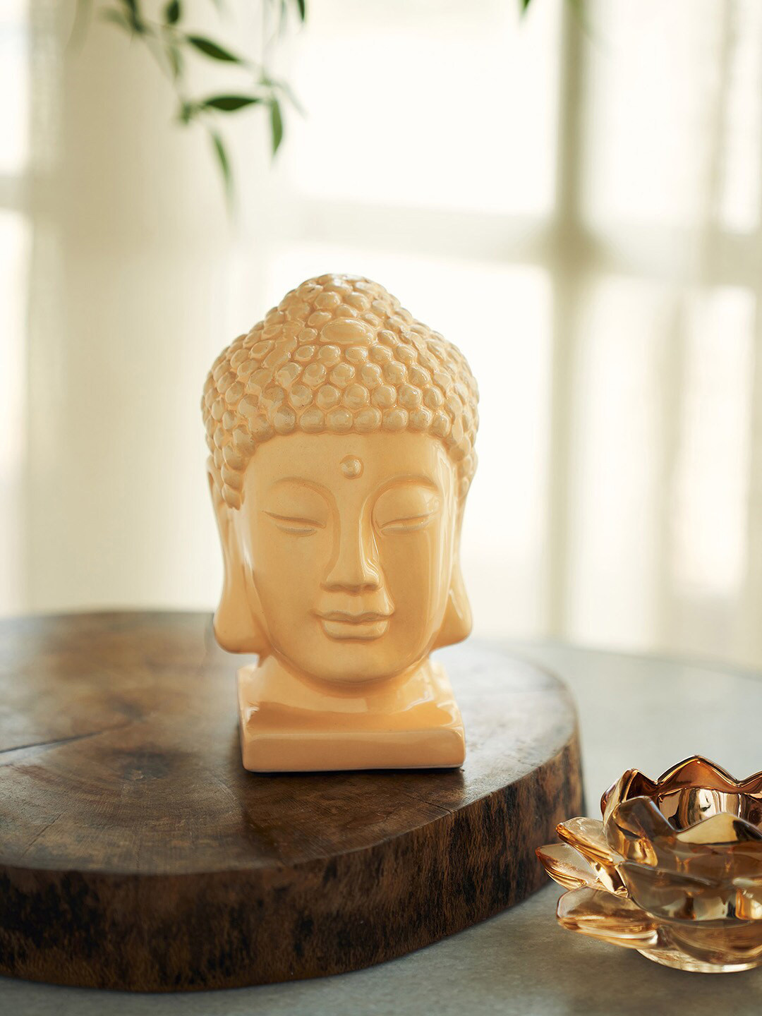 Pure Home and Living Buddha Head Yellow Ceramic Glossy Living Room Medium Showpiece - 7.1 Inches