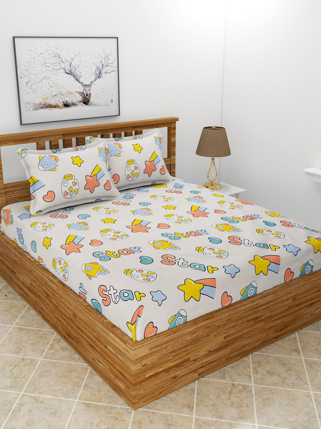 BREVARD Flat_Dbs_Kidze White Conversational Polycotton 210 TC Queen Fine Bedsheet with 2 Pillow Covers-100 x 90 inches