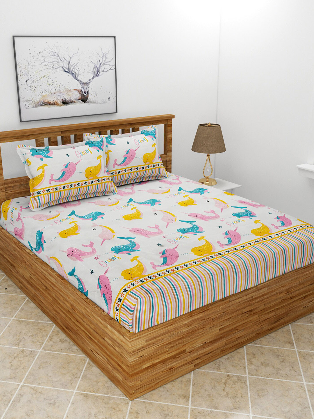 BREVARD Flat_Dbs_Kidze White Conversational Polycotton 210 TC Queen Fine Bedsheet with 2 Pillow Covers-100 x 90 inches