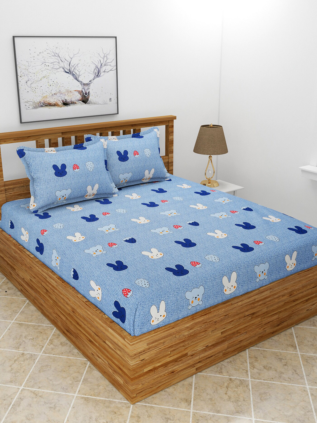 BREVARD Ananda Blue Conversational Polycotton 210 TC Queen Fine Bedsheet with 2 Pillow Covers-100 x 90 inches