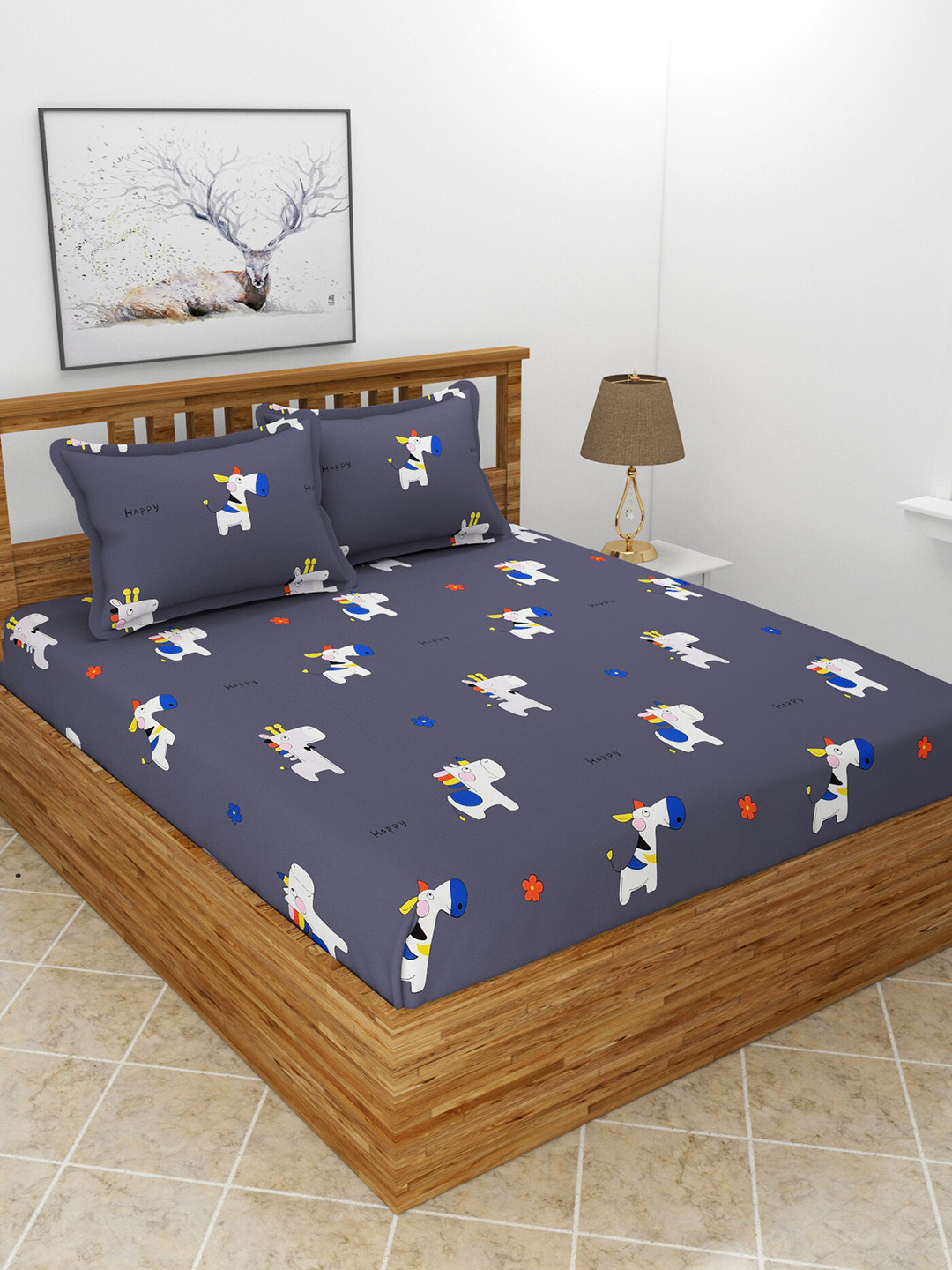 BREVARD Flat_Tina_Dbs Grey Cartoon Characters Polycotton 180 TC Queen Fine Bedsheet with 2 Pillow Covers-100 x 90 inches