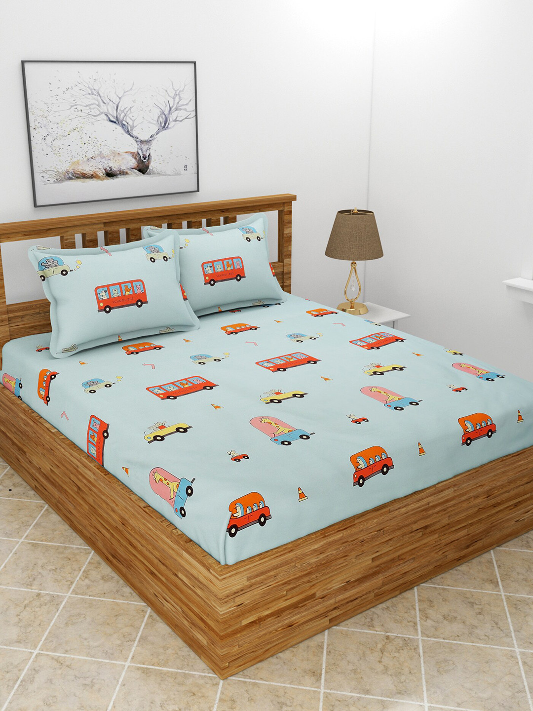 BREVARD Tina Blue Conversational Polycotton 180 TC Queen Fine Bedsheet with 2 Pillow Covers-254 x 228 cm