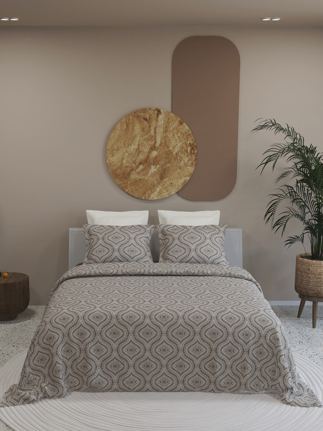 LABHAM Kadambari Grey & White Ethnic Motifs 300 TC King Bedsheet with 2 Pillow Covers