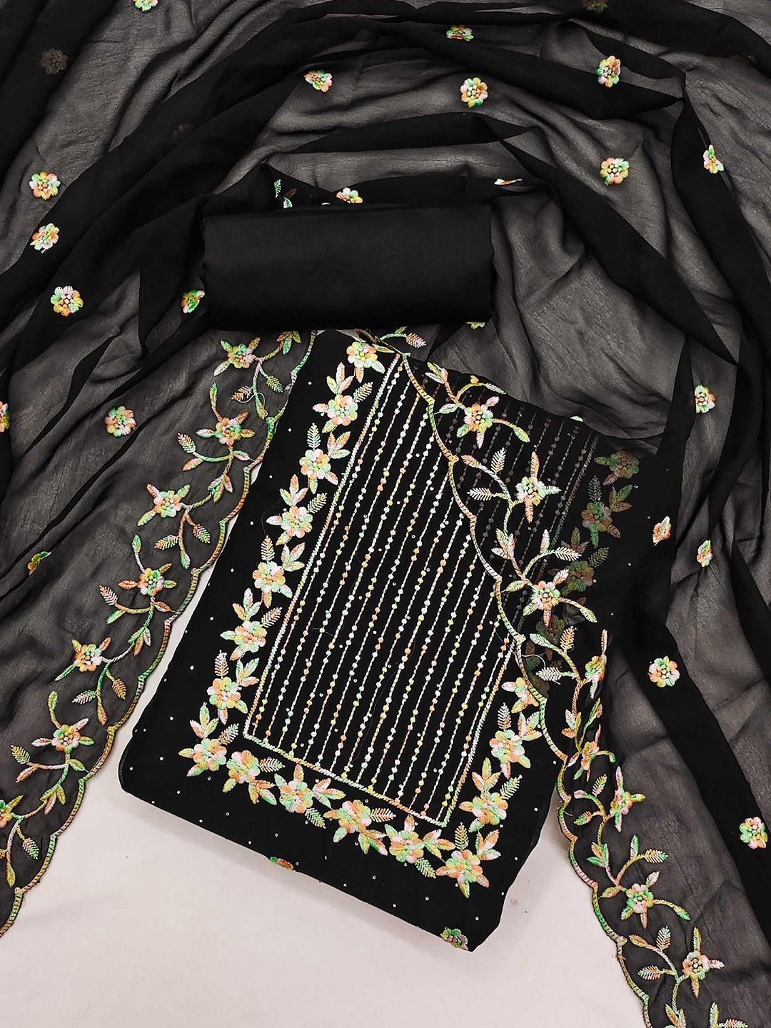 KALINI Ethnic Motifs Embroidered Thread Work Detailed Unstitched Dress Material