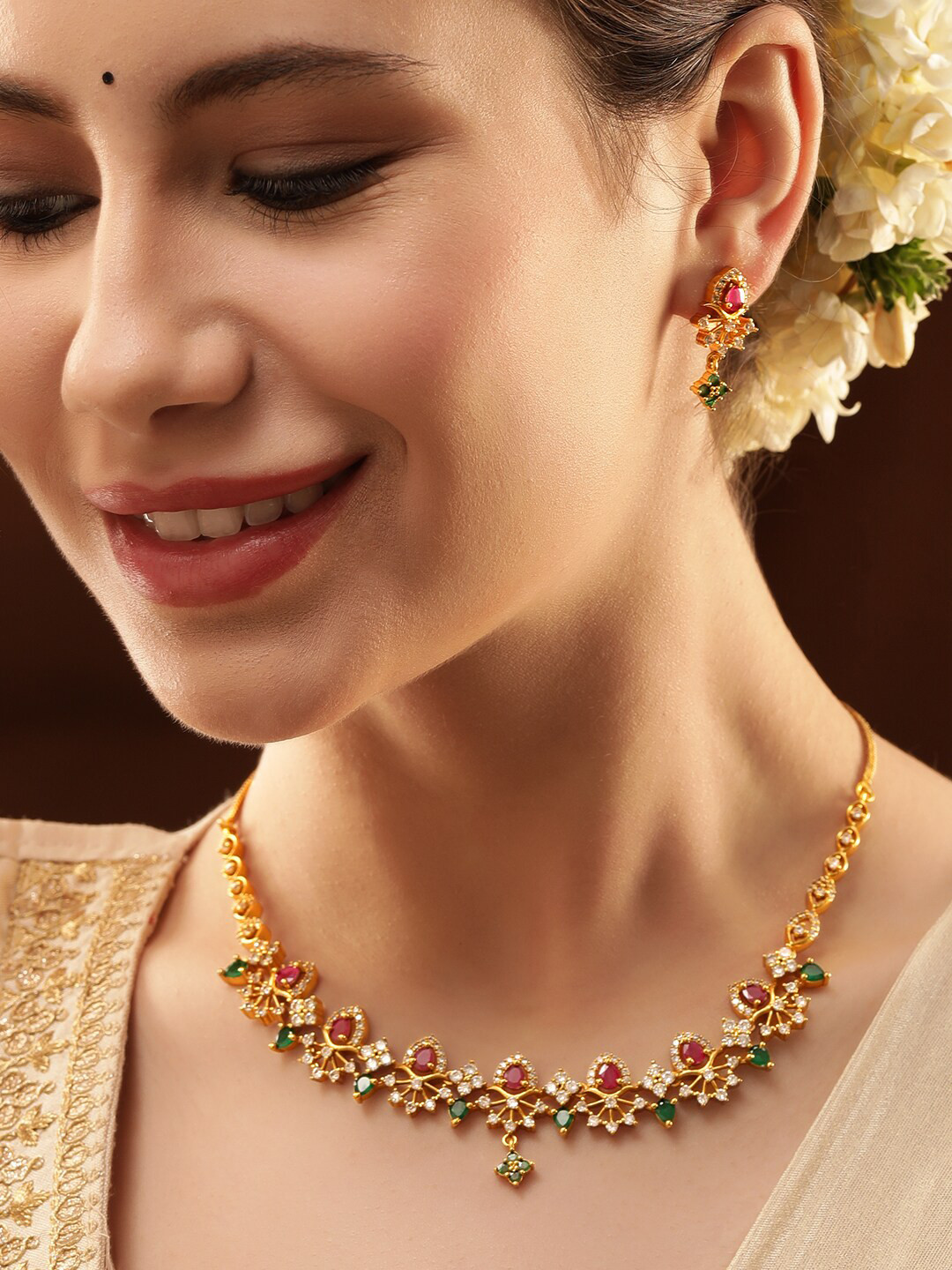 Rubans Gold-Plated CZ and Ruby & Emerald Studded Necklace Set