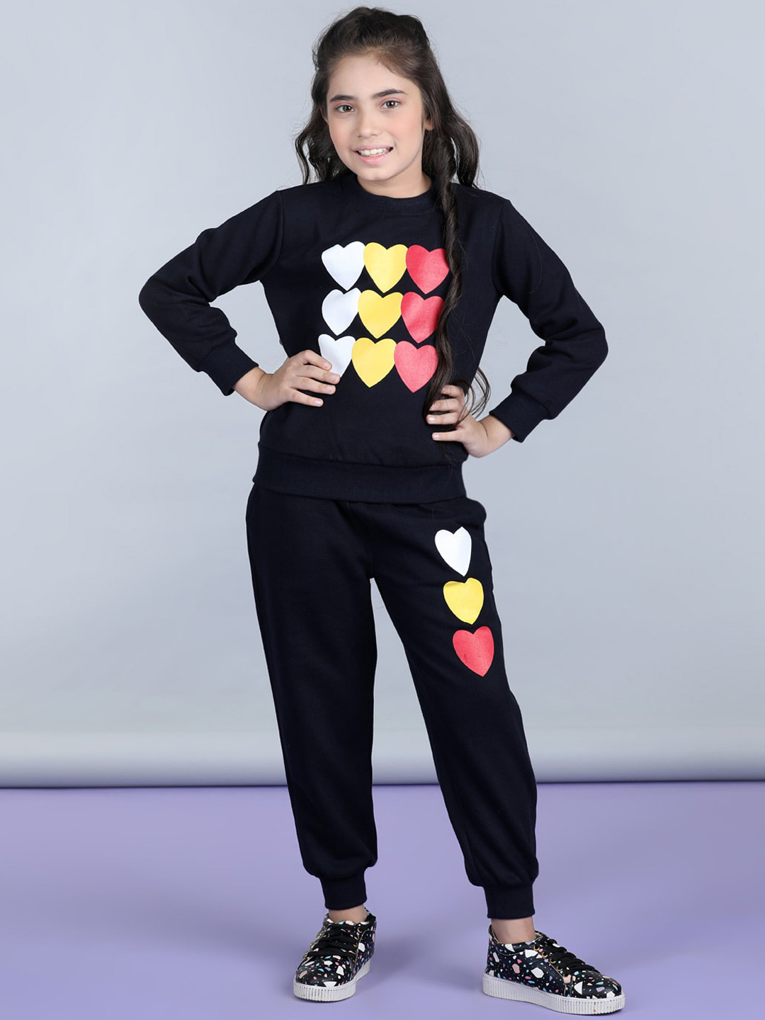 StyleStone Girls Heart Printed Fleece Tracksuit