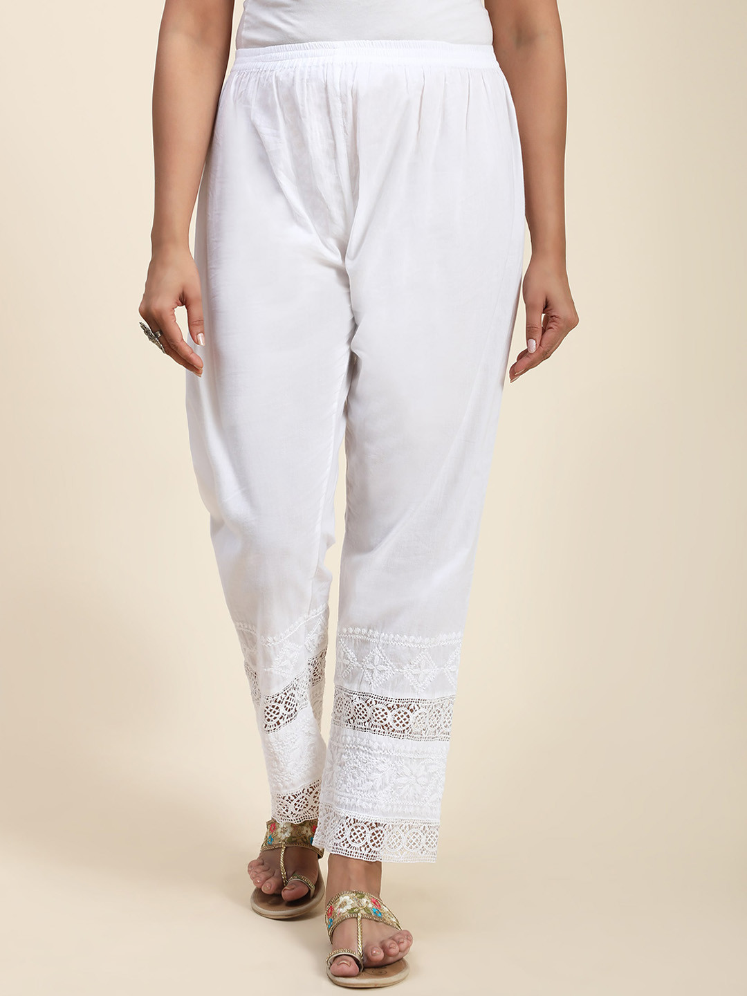 HOUSE OF KARI Women Ethnic Motifs Embroidered Chikankari Cotton Regular Trousers