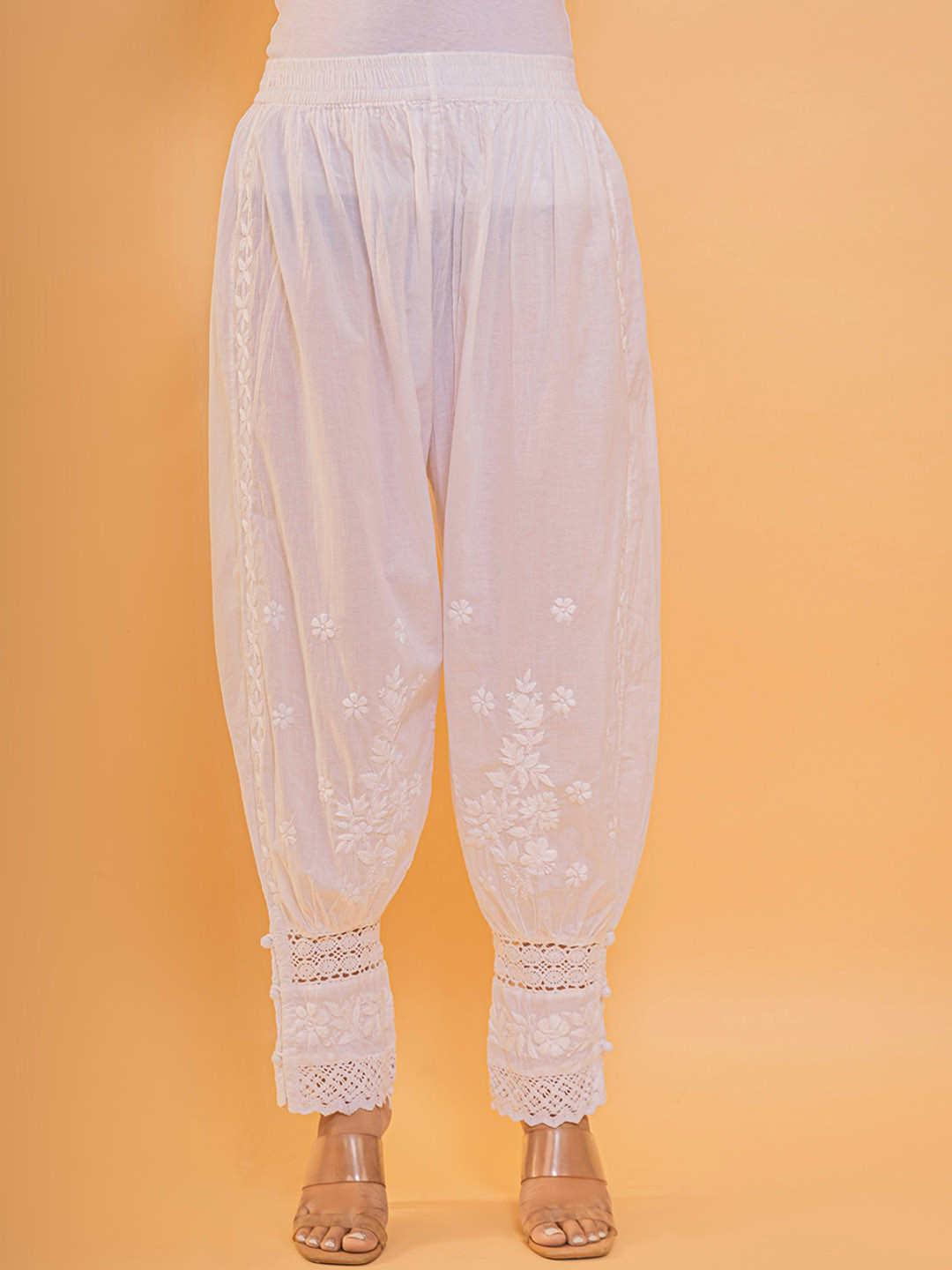 HOUSE OF KARI Women Mid-Rise Floral Embroidered Chikankari Cotton Ethnic Trouser
