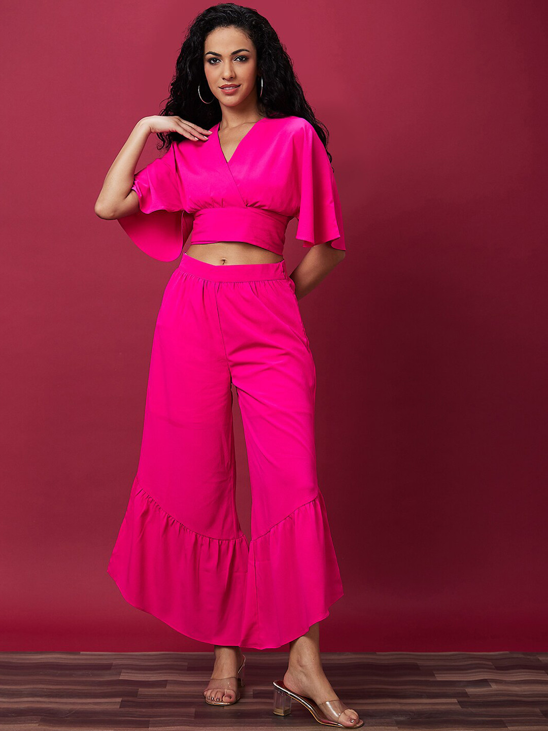 Globus Solid Wrap V-Neck Waist Tie Up Top & Flared Palazzo Co-Ord Set