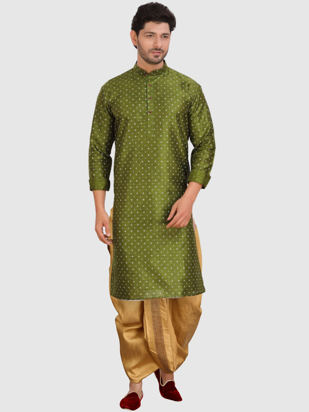 SHIWAM ETHNIX Floral Printed Band Collar Long Sleeve Kurta With Dhoti Pant