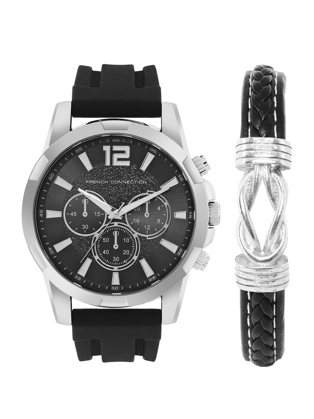 French Connection Men Leather Bracelet With Analogue Watch Gift Set