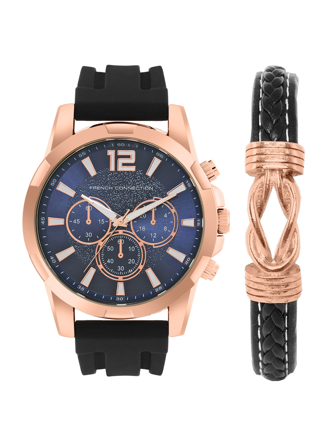 French Connection Men Leather Bracelet With Analogue Watch Gift Set