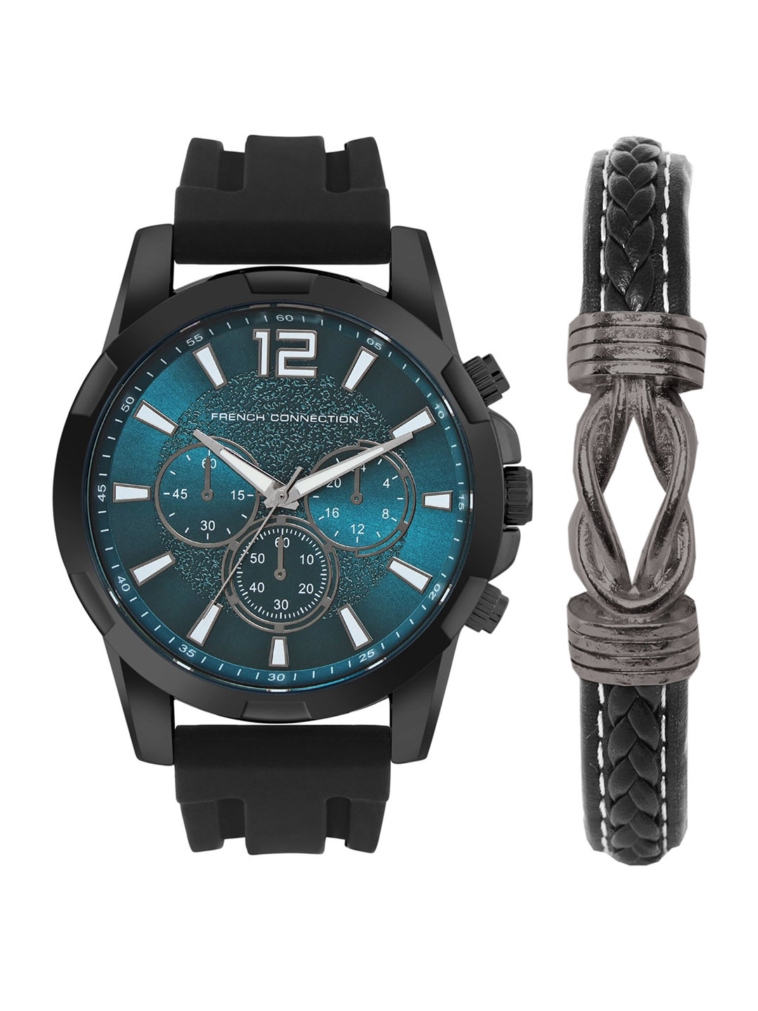 French Connection Men Leather Bracelet With Analogue Watch Gift Set