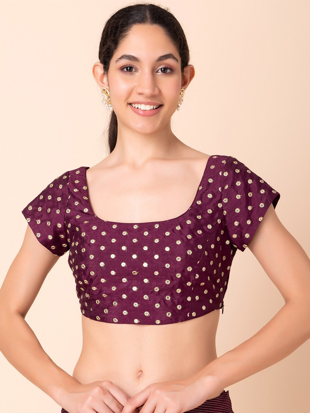 INDYA Polka Dot Embroidered Mirror Work Square Neck Blouse