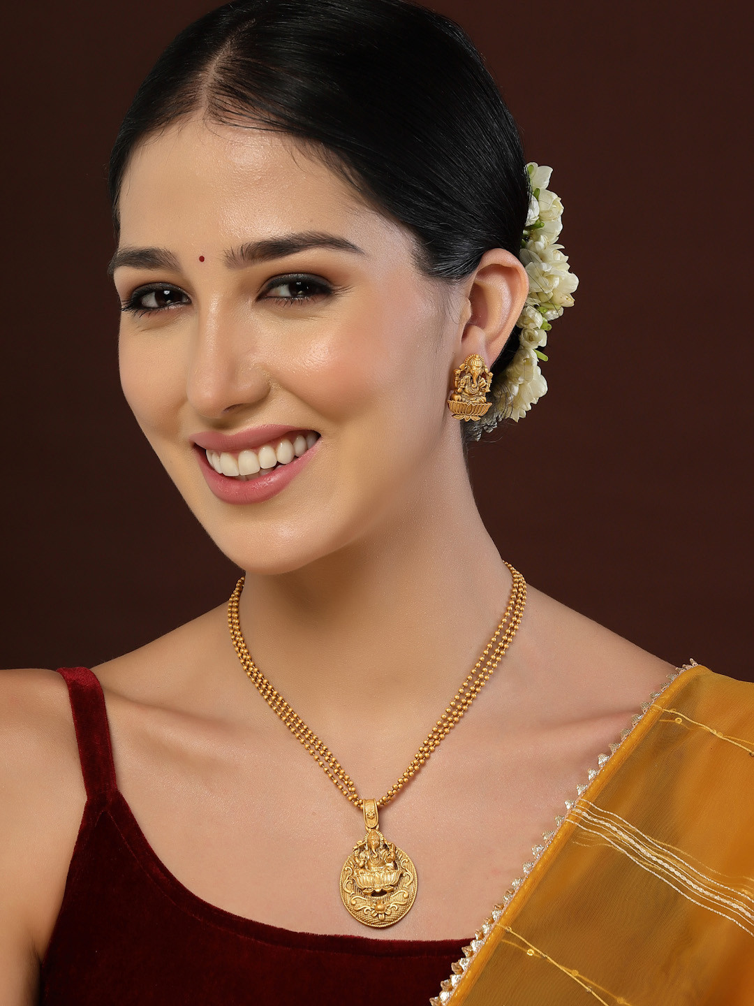PANASH Gold-Plated CZ-Studded Ganesh Shaped Pendant with Chain