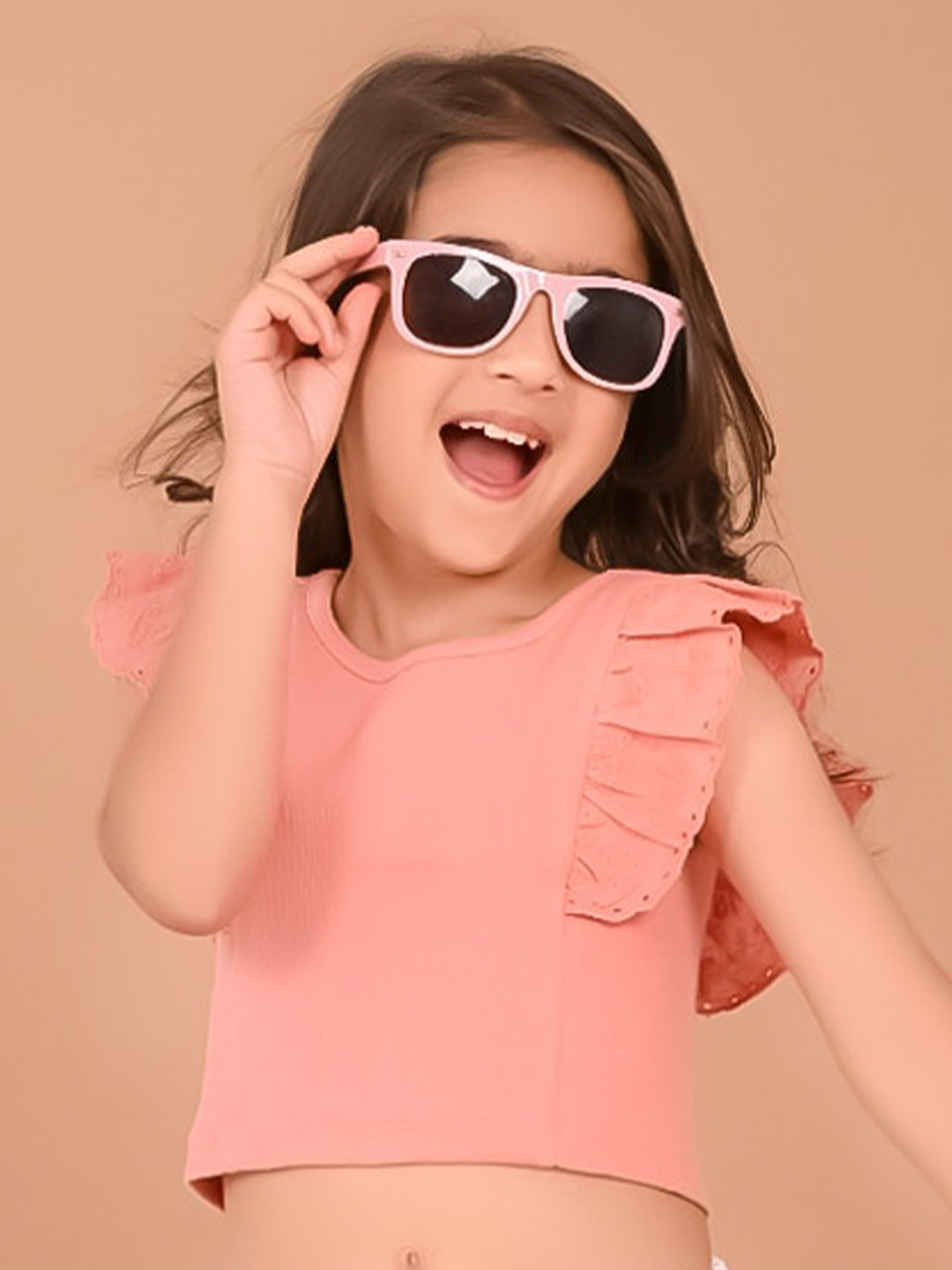 LilPicks Girls Schiffli Ruffle Design Slim Fit Cotton Regular Crop Top