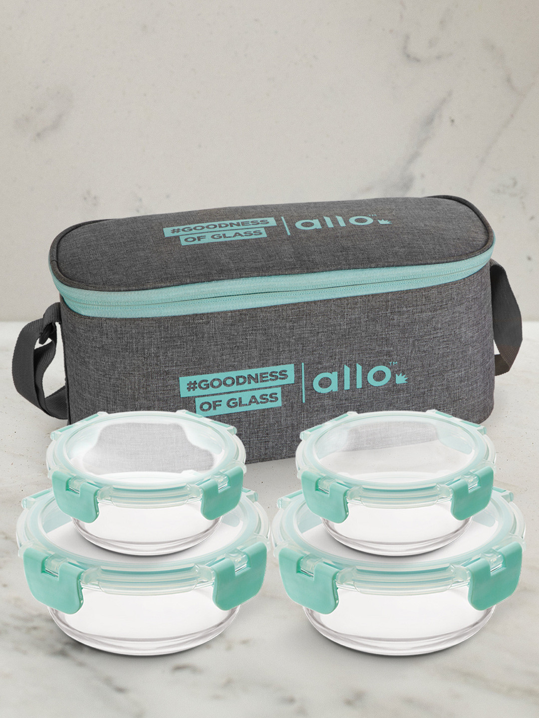 Allo LBCG406 Food Safe Grey Solid Glass Oven Safe 5PCs Lunch Box With Spoon and Fork