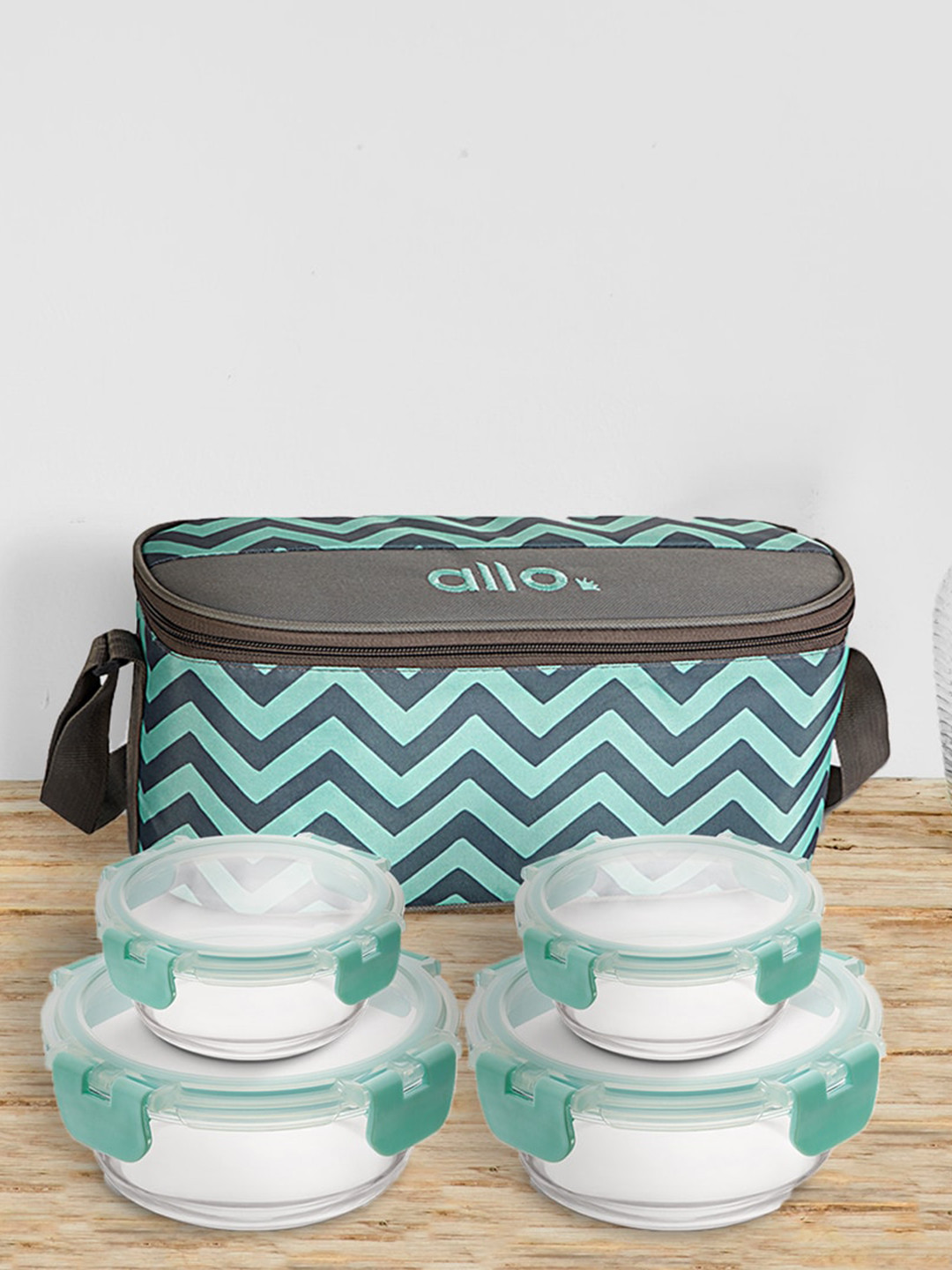 Allo LBCM406 Food Safe Green Solid Glass Oven Safe 5PCs Lunch Box With Spoon and Fork