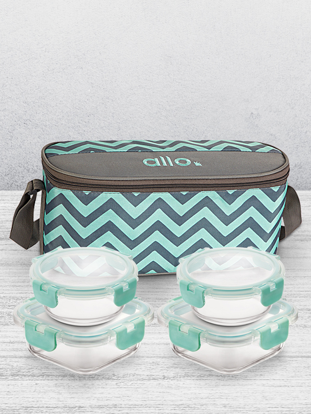 Allo LBCM405 Food Safe Green Solid Glass Oven Safe 5PCs Lunch Box With Spoon and Fork