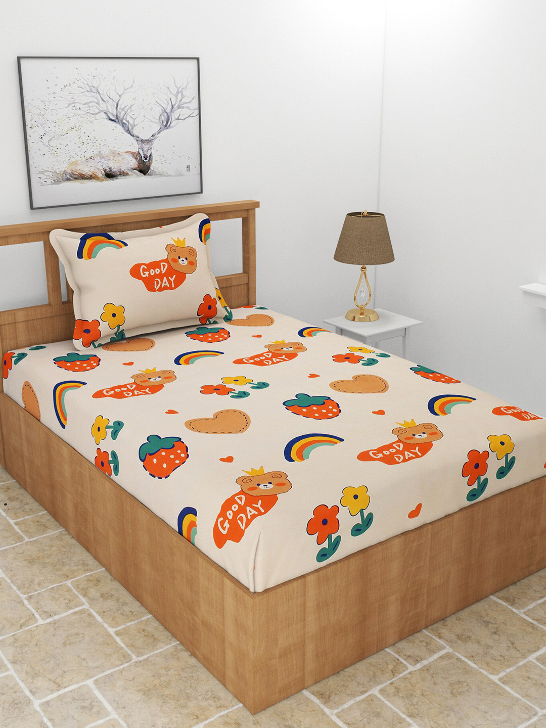 BREVARD Teen Cream Floral Polycotton 180 TC Single Fine Bedsheet with a Pillow Cover-90 x 60 inches