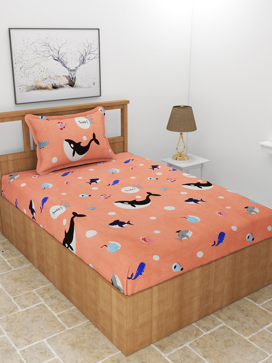 BREVARD Kidze Pink Cartoon Characters Polycotton 210 TC Single Fine Bedsheet with a Pillow Cover-228 x 152 cm