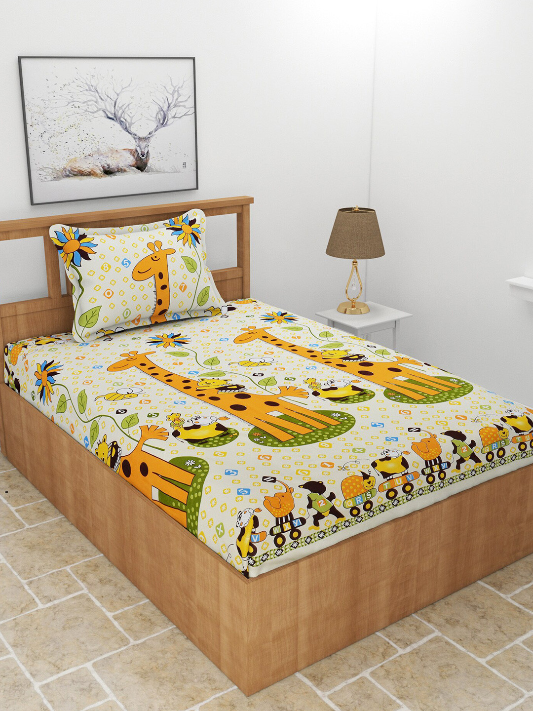 BREVARD Teen Yellow Animal Polycotton 180 TC Single Fine Bedsheet with a Pillow Cover-90 x 60 inches