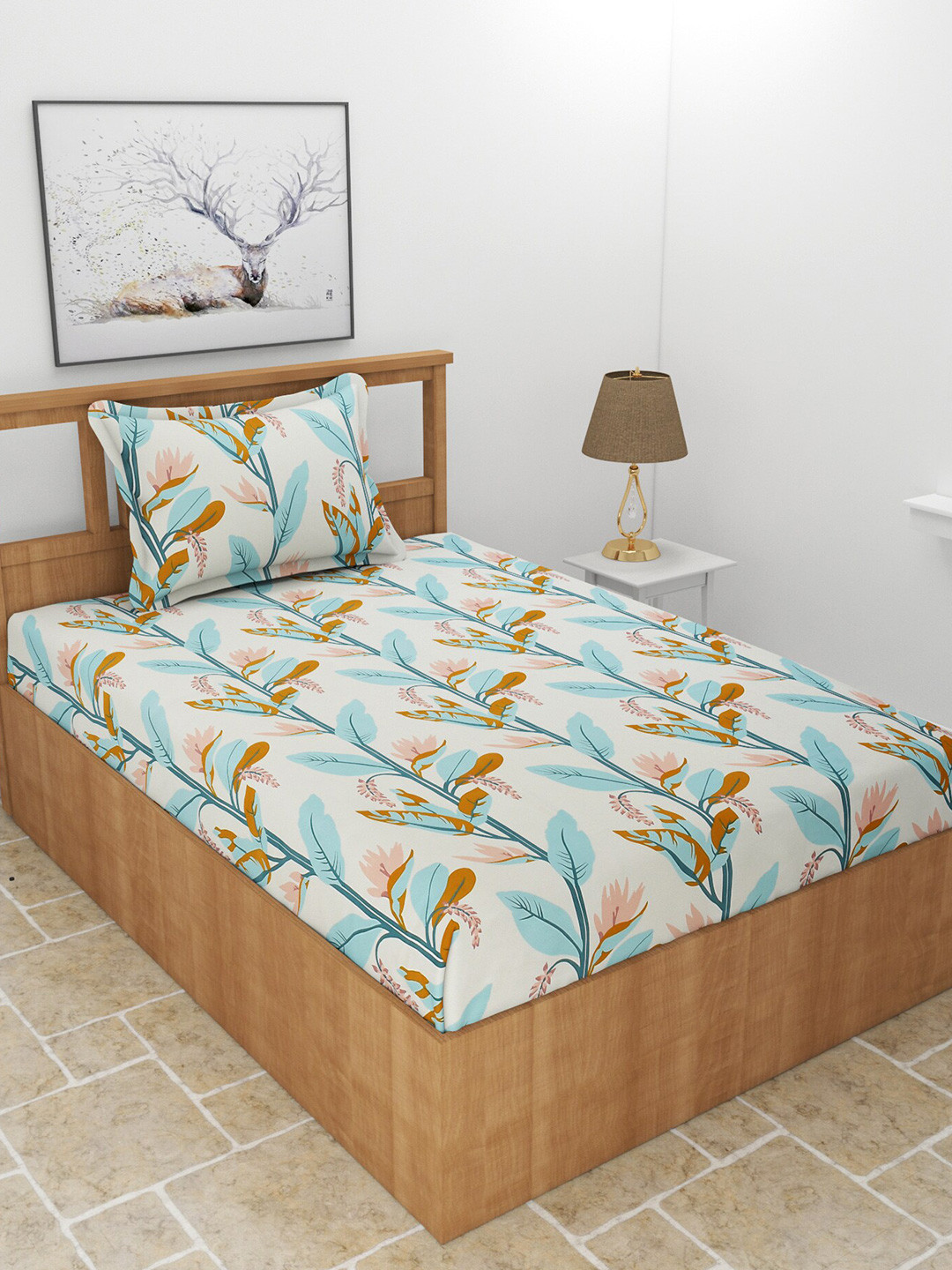 BREVARD Maple Green Floral Polycotton 210 TC Single Fine Bedsheet with a Pillow Cover-90 x 60 inches