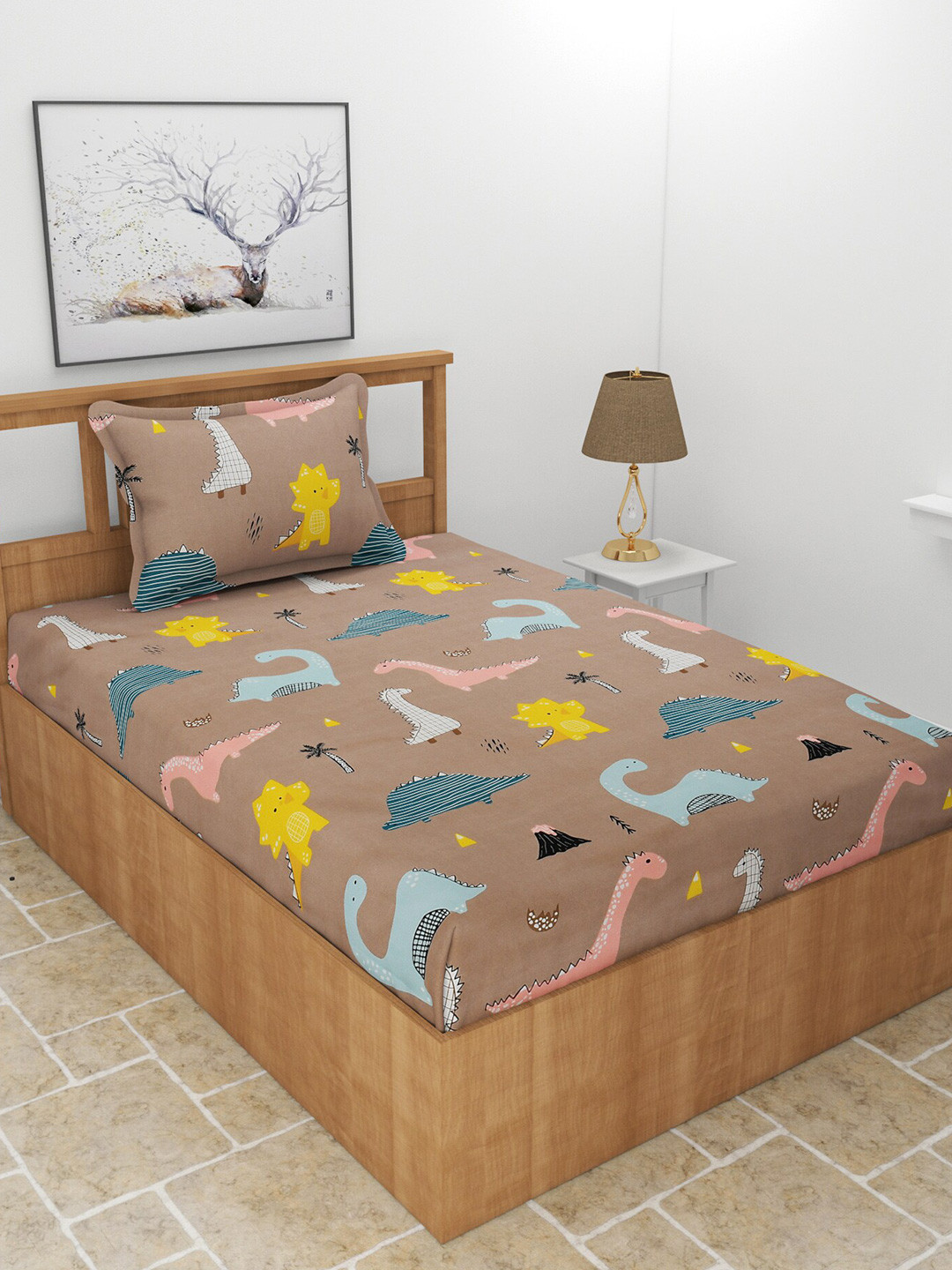 BREVARD Brown Cartoon Characters Polycotton 180 TC Single Fine Bedsheet with a Pillow Cover-90 x 60 inches