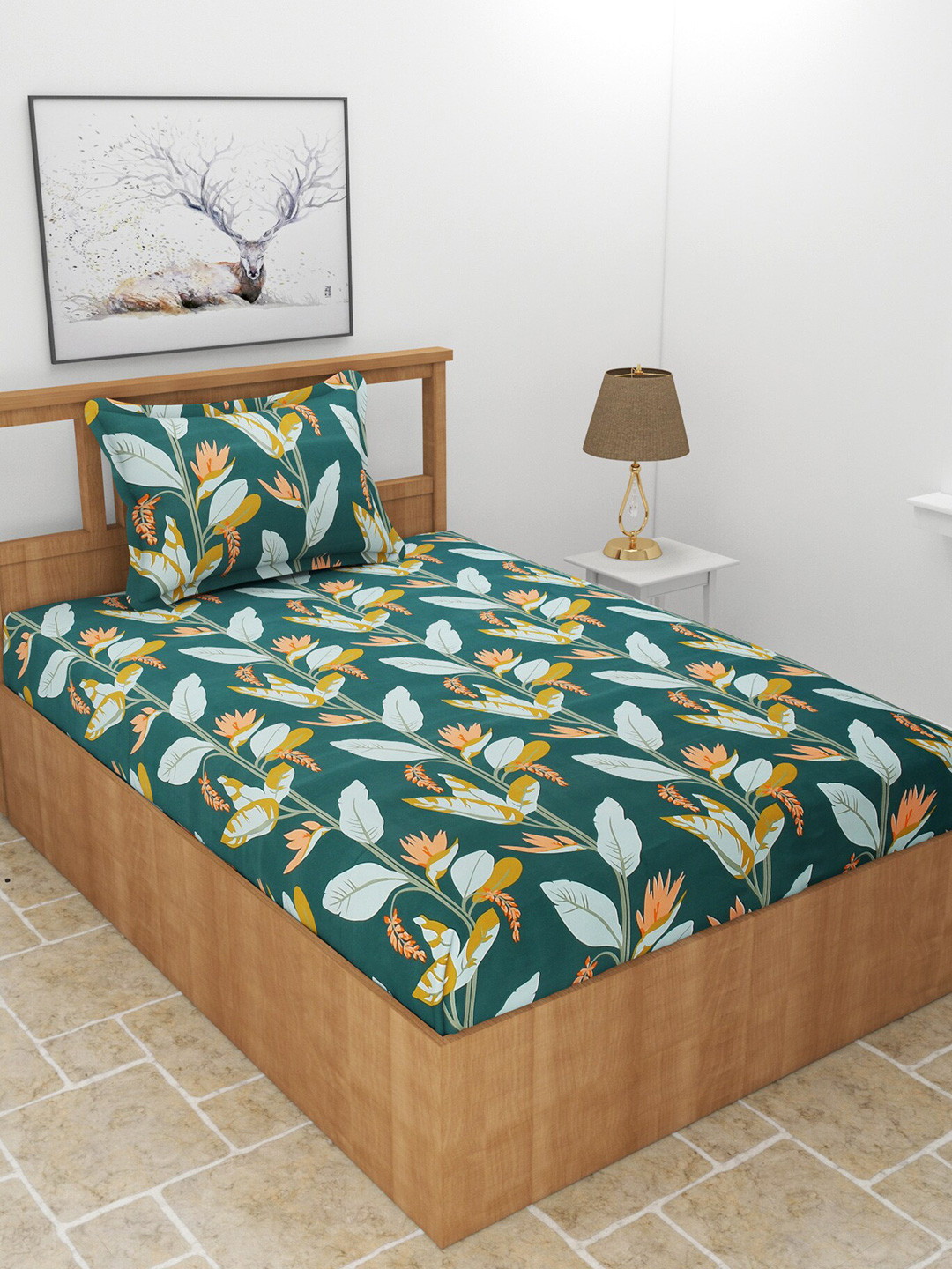 BREVARD Camphor Green Floral Polycotton 210 TC Single Fine Bedsheet with a Pillow Cover-90 x 60 inches