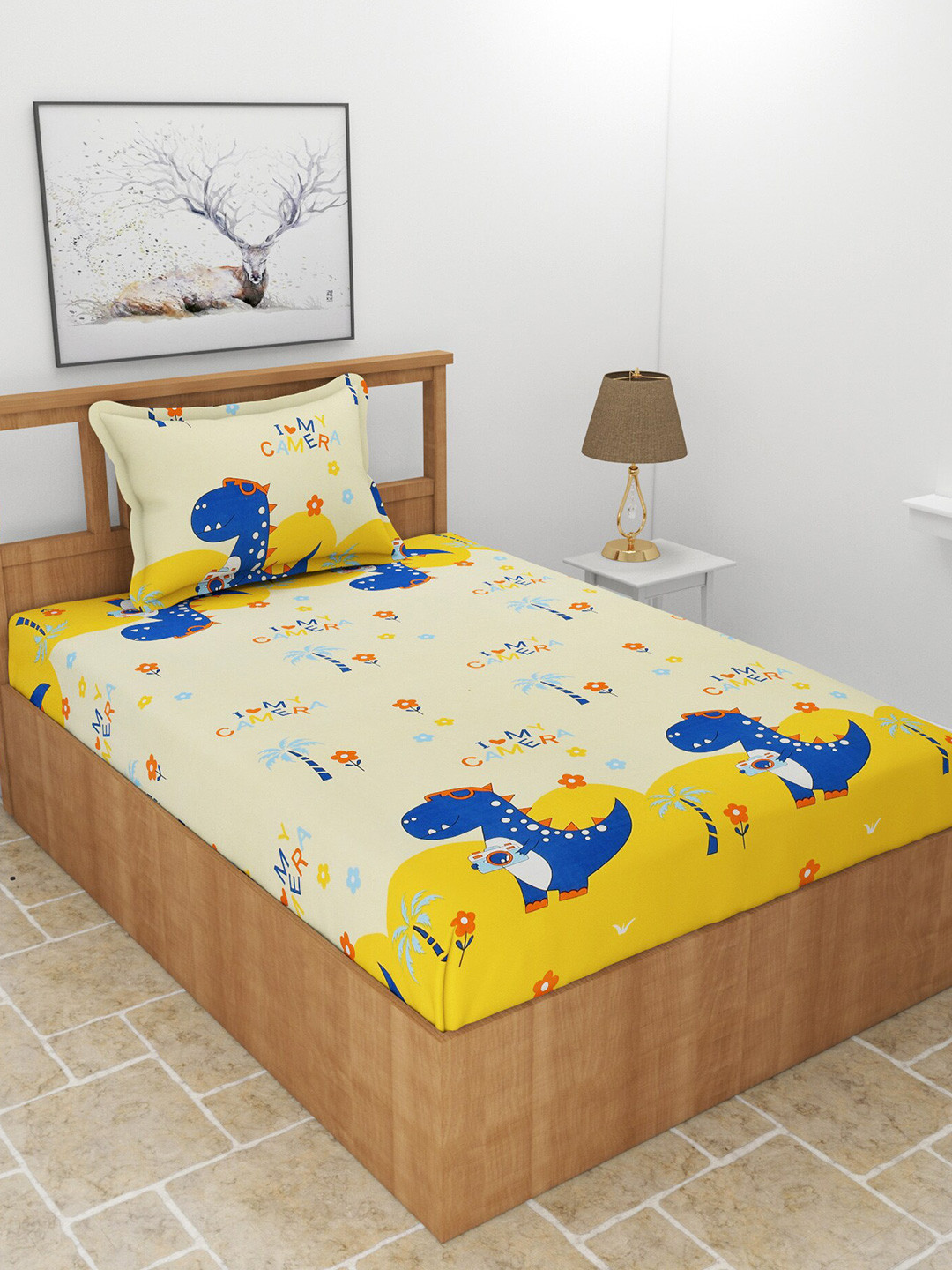 BREVARD Teen Yellow Cartoon Characters Polycotton 180 TC Single Fine Bedsheet with a Pillow Cover-228 x 152 cm