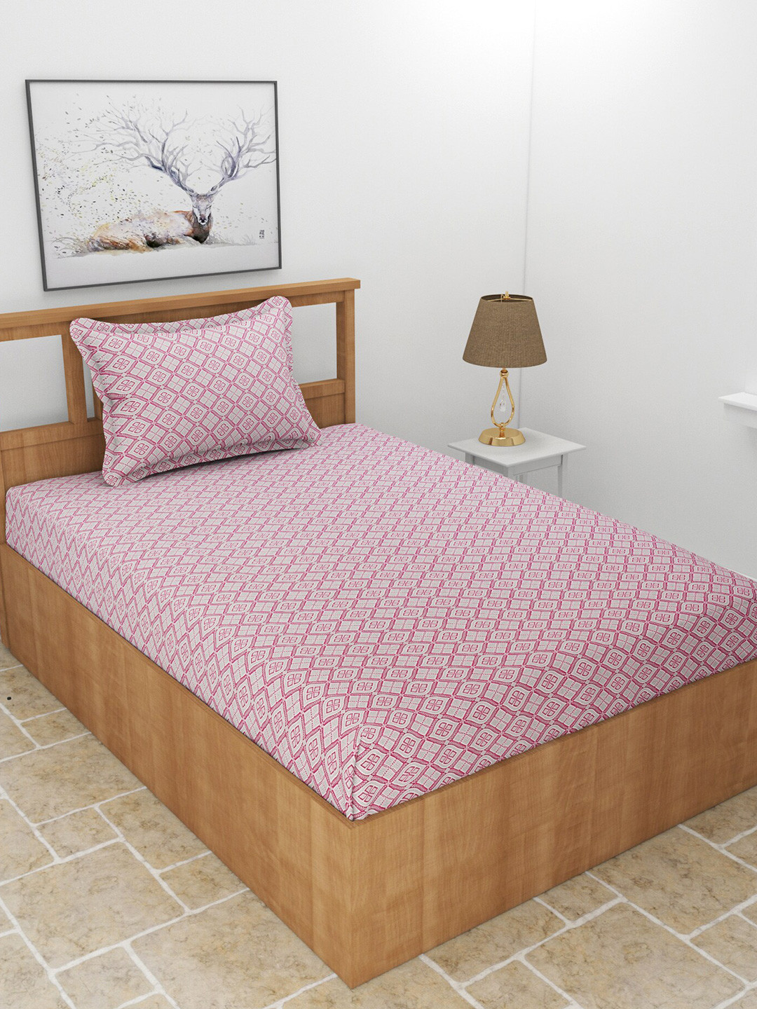 BREVARD Casem Pink Geometric Cotton 210 TC Single Fine Bedsheet with a Pillow Cover-90 x 60 inches