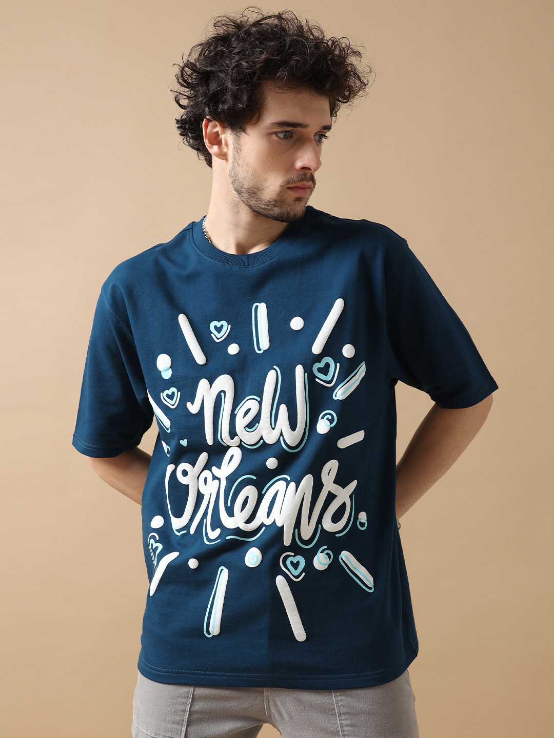 VUDU Typography Printed Oversized Cotton T-shirt