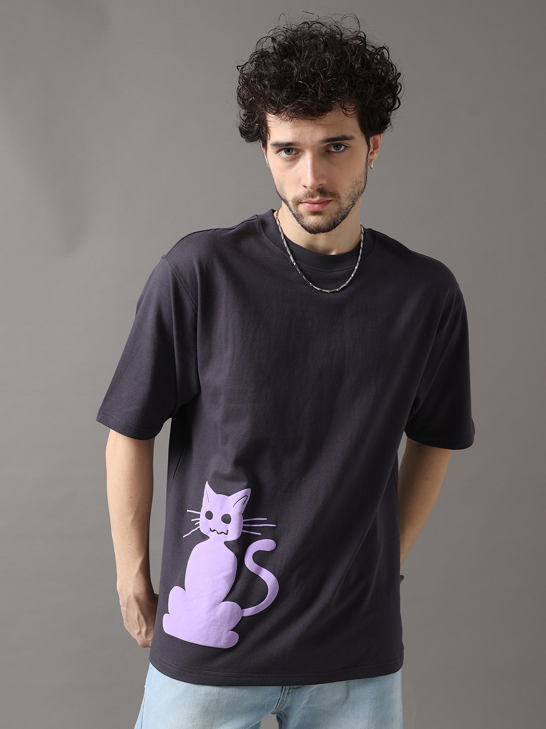 VUDU Graphic Printed Round Neck Drop-Shoulder Sleeves Cotton Oversized T-shirt