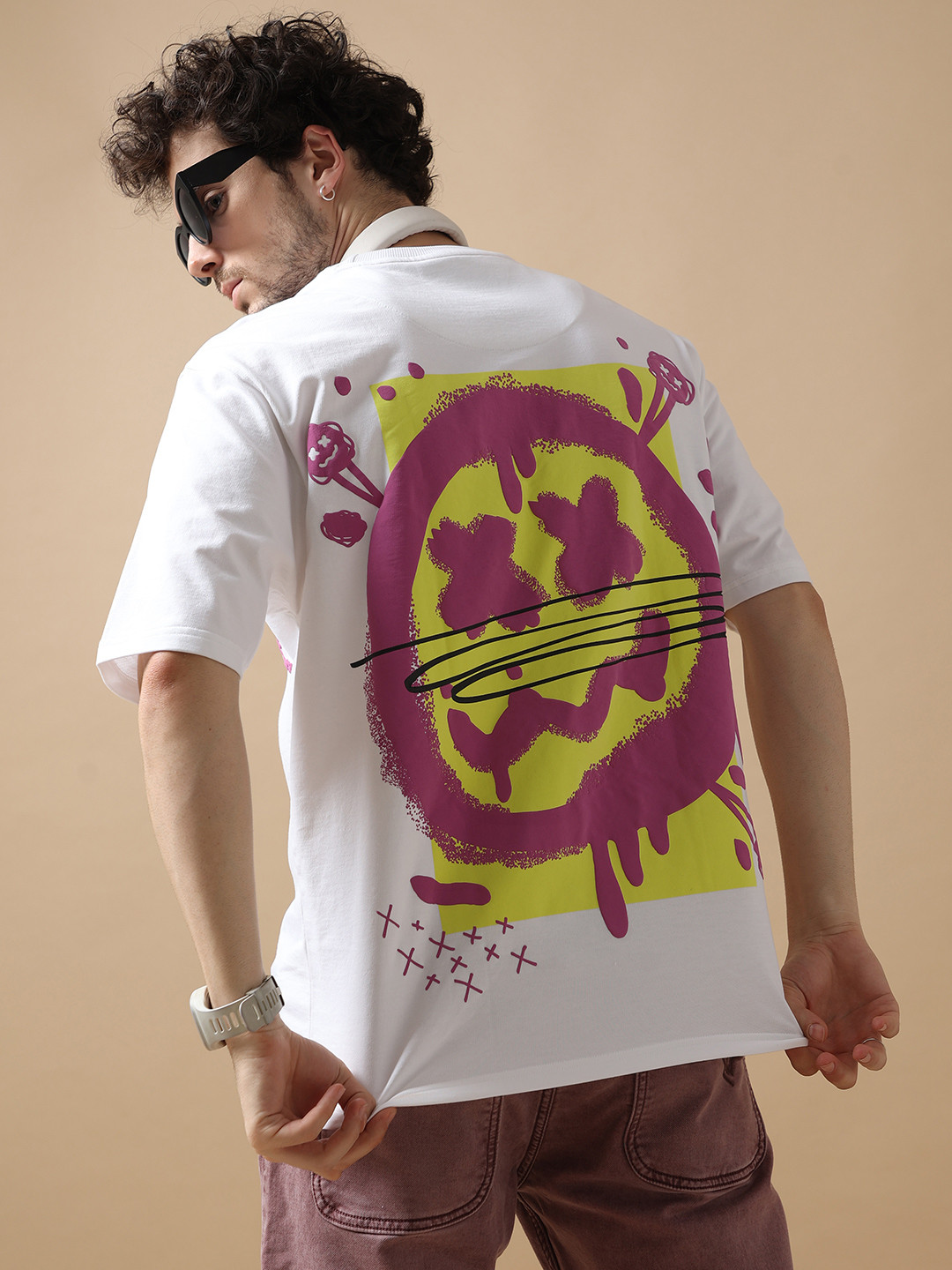 VUDU Graffiti Smiley Printed Round Neck Cotton Oversized T-Shirt