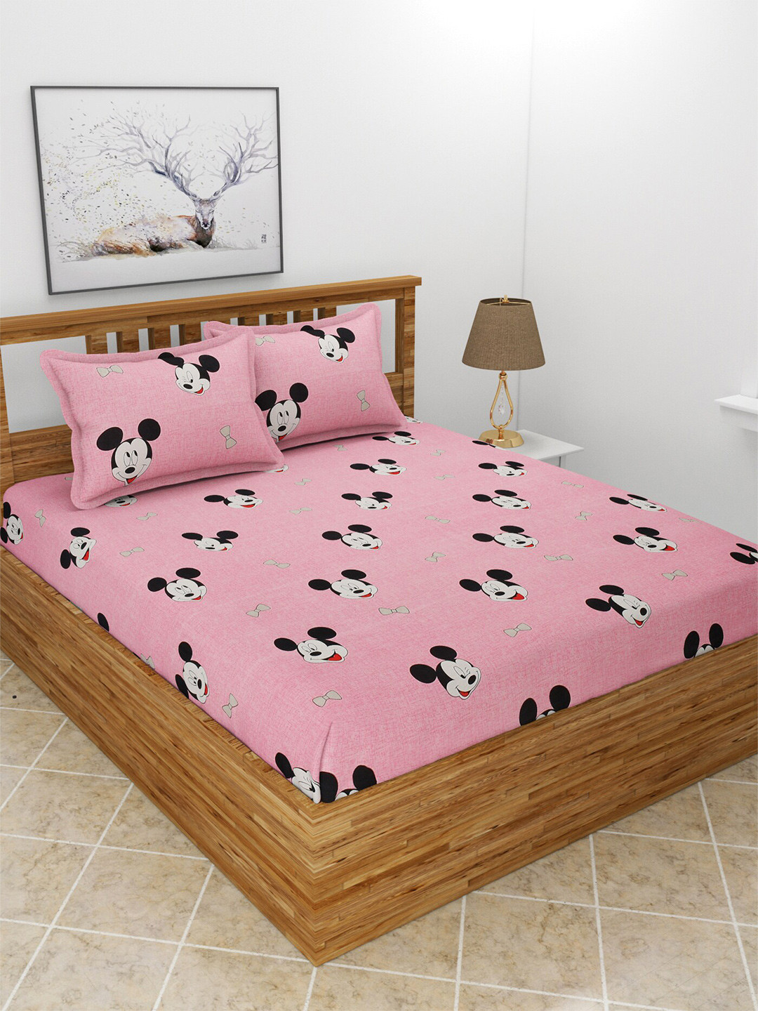 BREVARD Pink Cartoon Characters Polycotton 210 TC Queen Fine Bedsheet with 2 Pillow Covers-100 x 90 inches