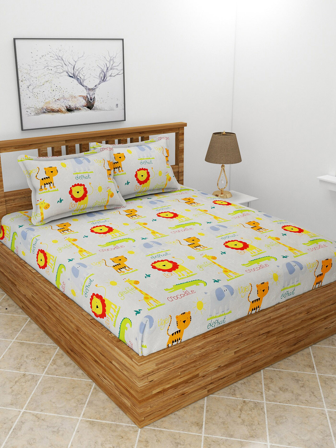 BREVARD Off White Cartoon Characters Polycotton 210 TC Queen Fine Bedsheet with 2 Pillow Covers-100 x 90 inches