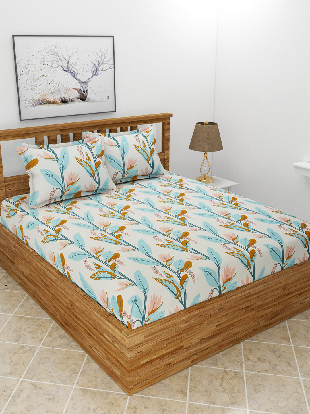 BREVARD Flat_Maple Green Floral Polycotton 210 TC Queen Fine Bedsheet with 2 Pillow Covers-59 x 87 inches