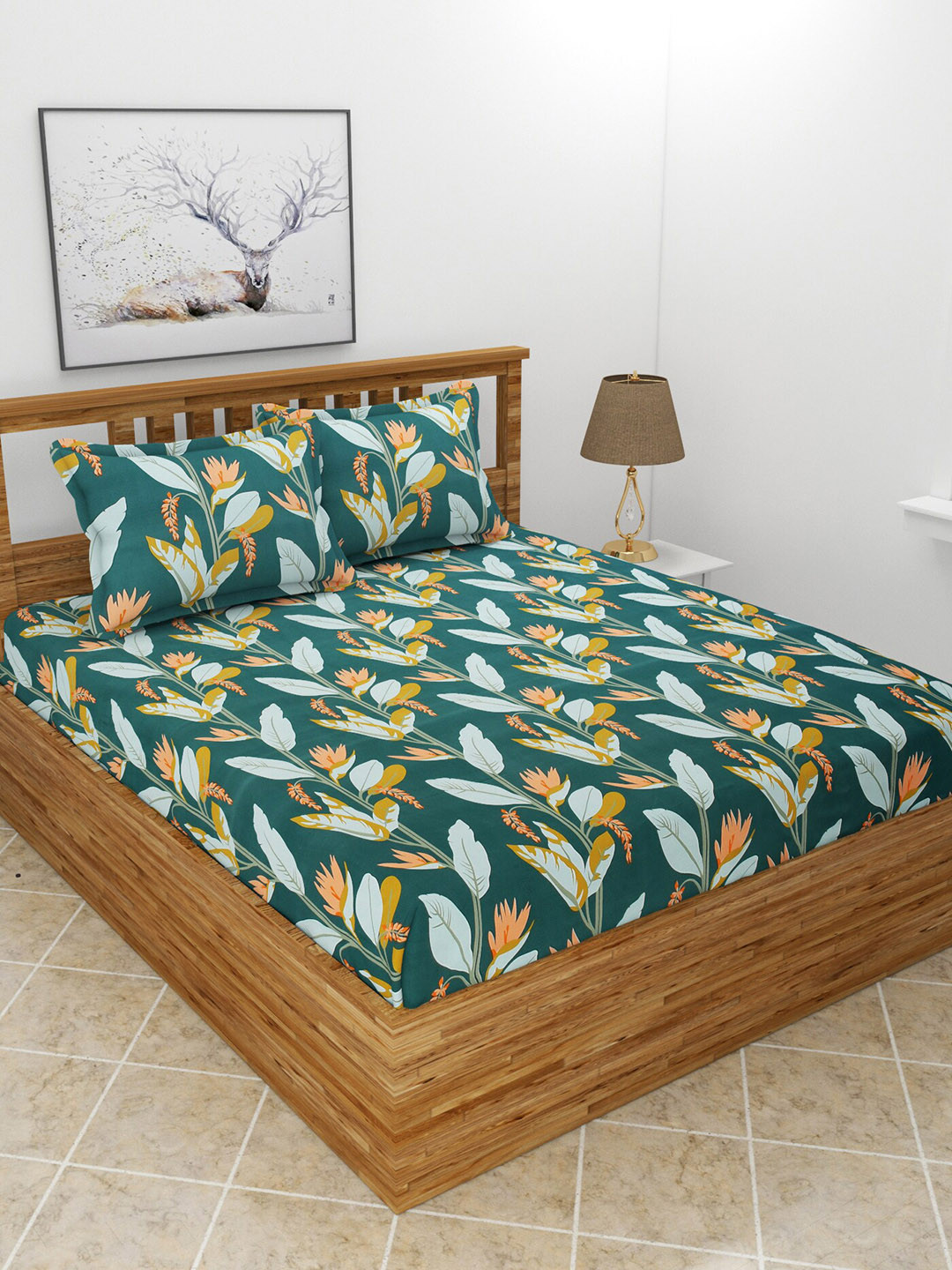 BREVARD Flat_Maple Green Floral Polycotton 210 TC Queen Fine Bedsheet with 2 Pillow Covers-100 x 90 inches