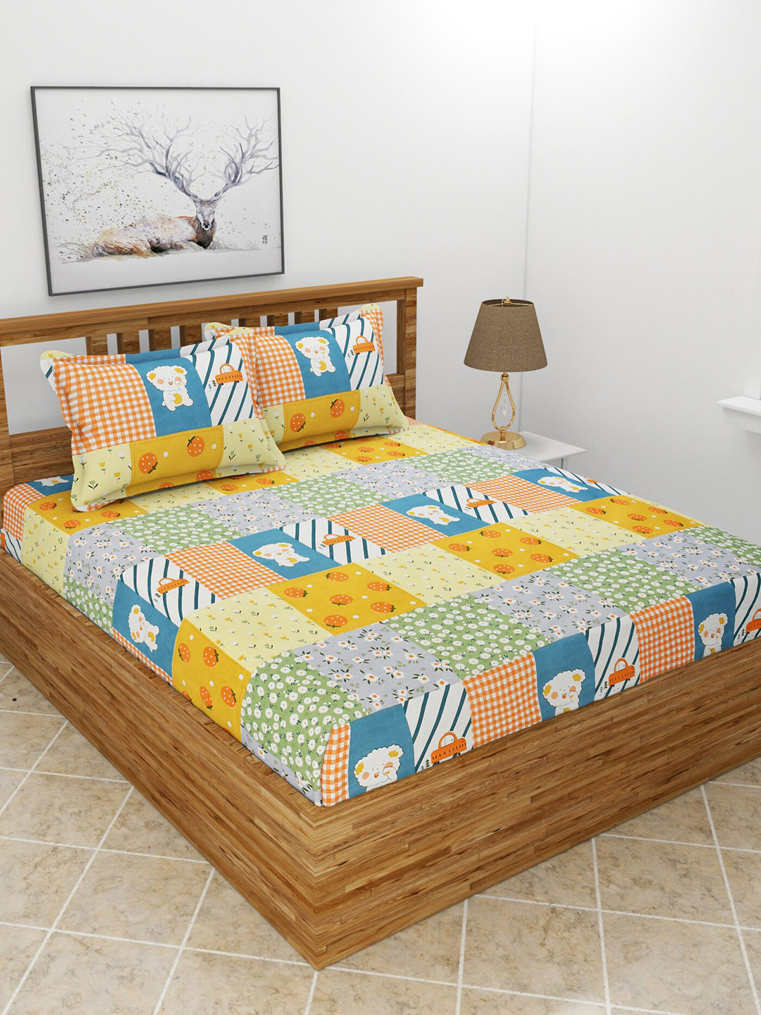 BREVARD Blue & Yellow Cartoon Characters 210 TC Queen Bedsheet With 2 Pillow Covers